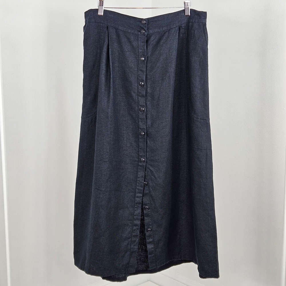 Vintage Flax by Jeanne Engelhart Linen Midi Skirt Womens L Black with Pockets